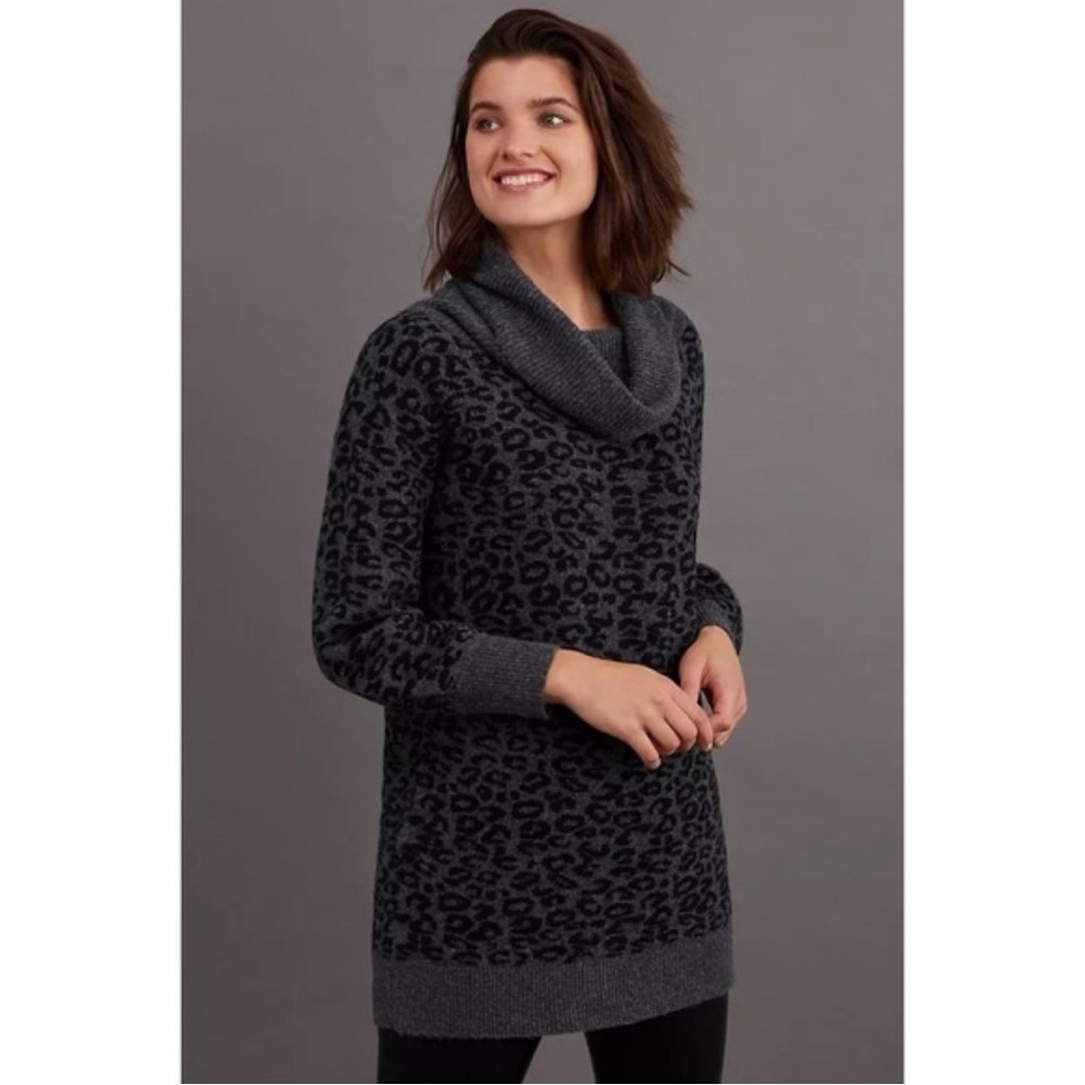 Anthropologie Emmy Cowl Neck Leopard Knit Sweater Gray Black Oversized